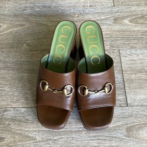 GUCCI Brown Horsebit Platform Slide 37.5